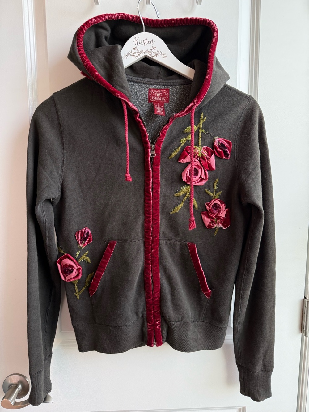 Vintage Y2K Lucky Brand Velvet 3D Floral Zip Up Hoodie 00s 2004 Small Bohemian